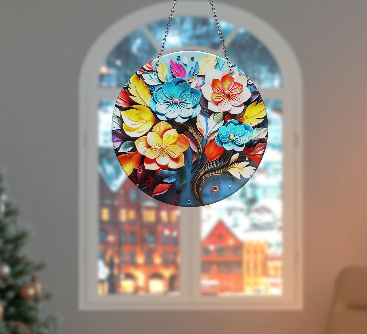 Vivid Botanical Faux Stained Glass Suncatcher Window Hanging Home Decor Sun Catcher Gift Idea