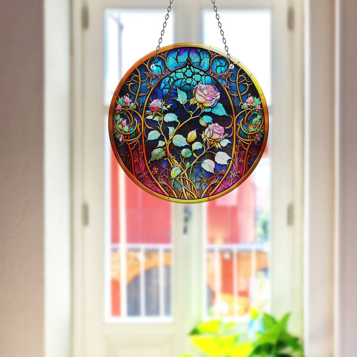 Pink Roses Stained Faux Stained Glass Suncatcher Window Hanging Home Decor Sun Catcher Gift Idea