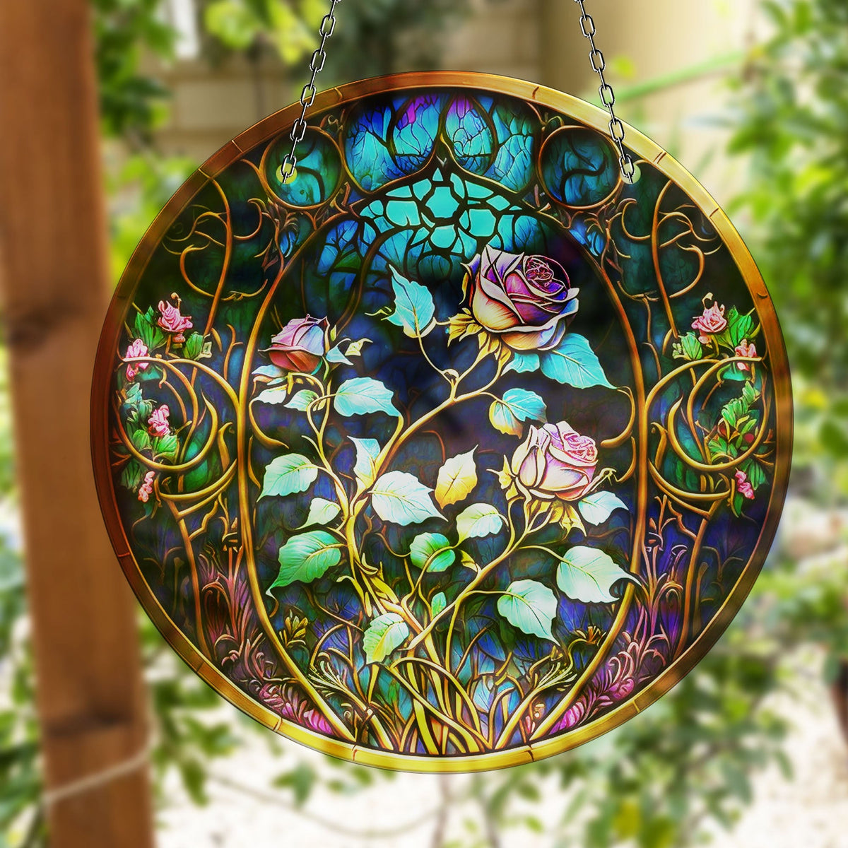 Pink Roses Stained Faux Stained Glass Suncatcher Window Hanging Home Decor Sun Catcher Gift Idea