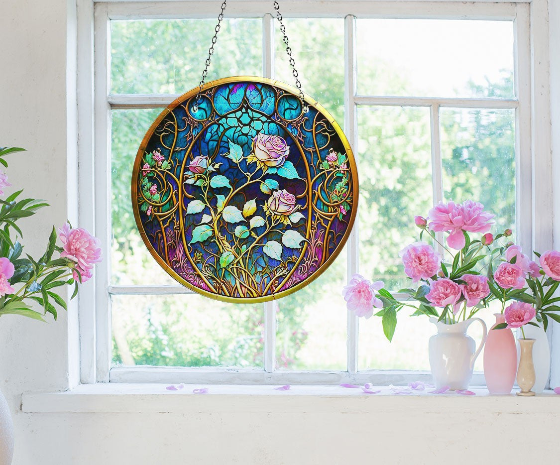 Pink Roses Stained Faux Stained Glass Suncatcher Window Hanging Home Decor Sun Catcher Gift Idea