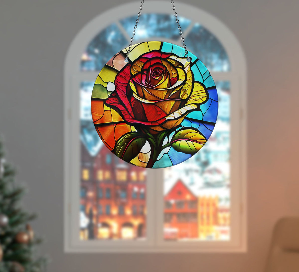 Colorful Stained Rose Faux Stained Glass Suncatcher Window Hanging Home Decor Sun Catcher Gift Idea