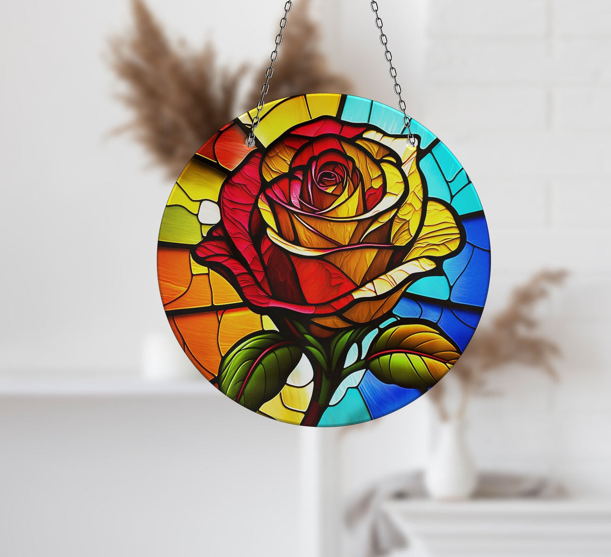 Colorful Stained Rose Faux Stained Glass Suncatcher Window Hanging Home Decor Sun Catcher Gift Idea
