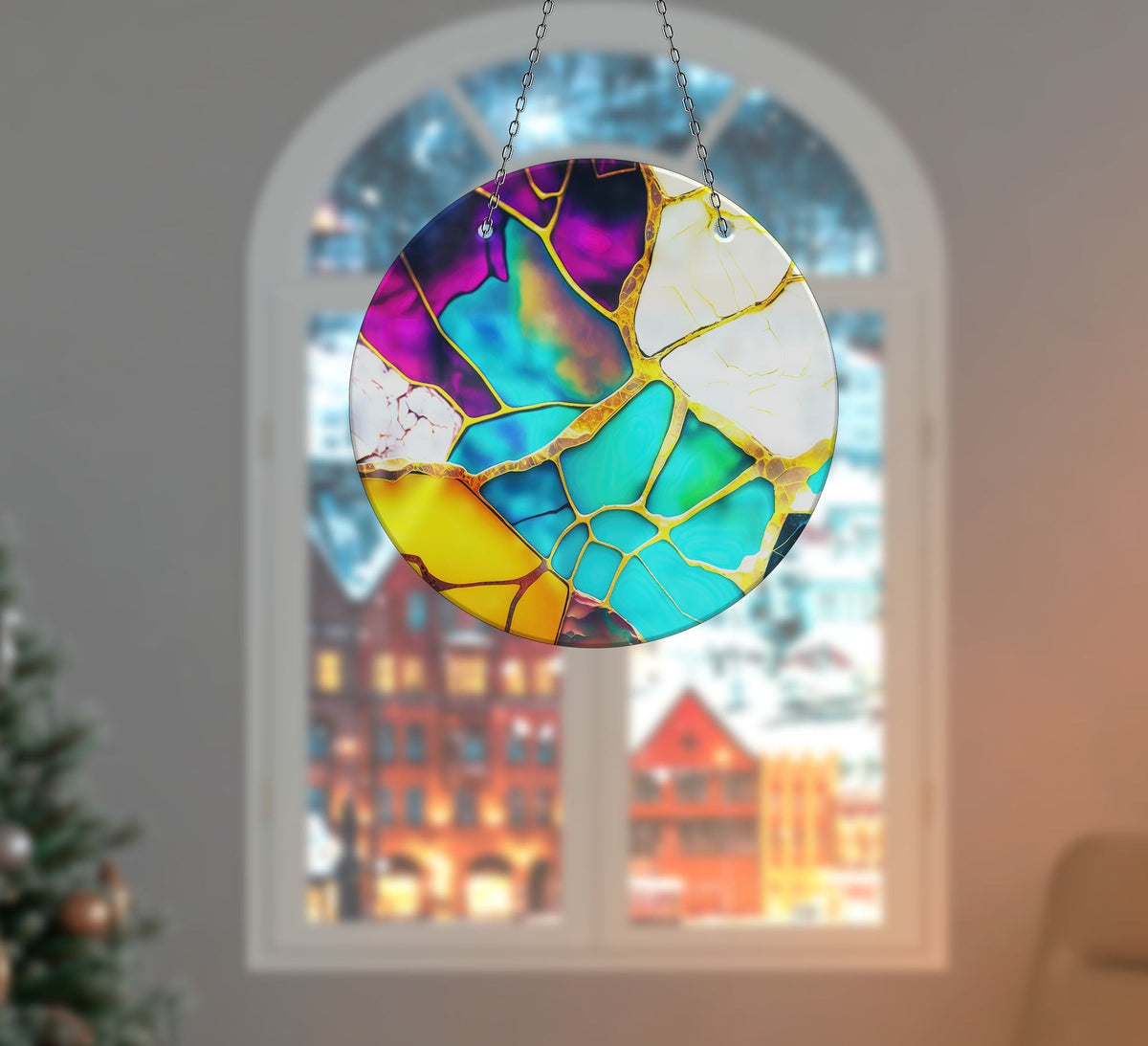 Marble Purple & Blue Faux Stained Glass Suncatcher Window Hanging Home Decor Sun Catcher Gift Idea