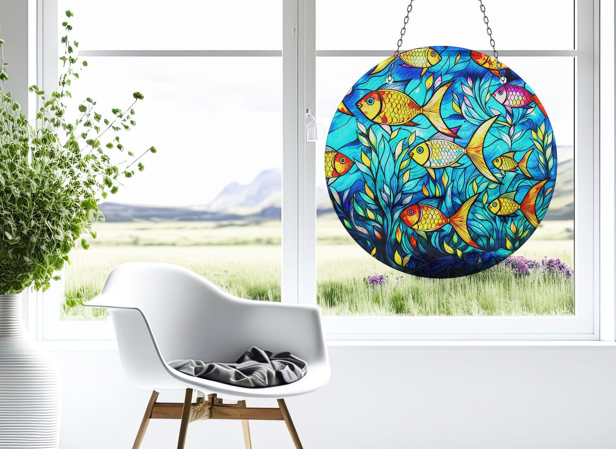 Yellow Fishes Faux Stained Glass Suncatcher Window Hanging Home Decor Sun Catcher Gift Idea Decor