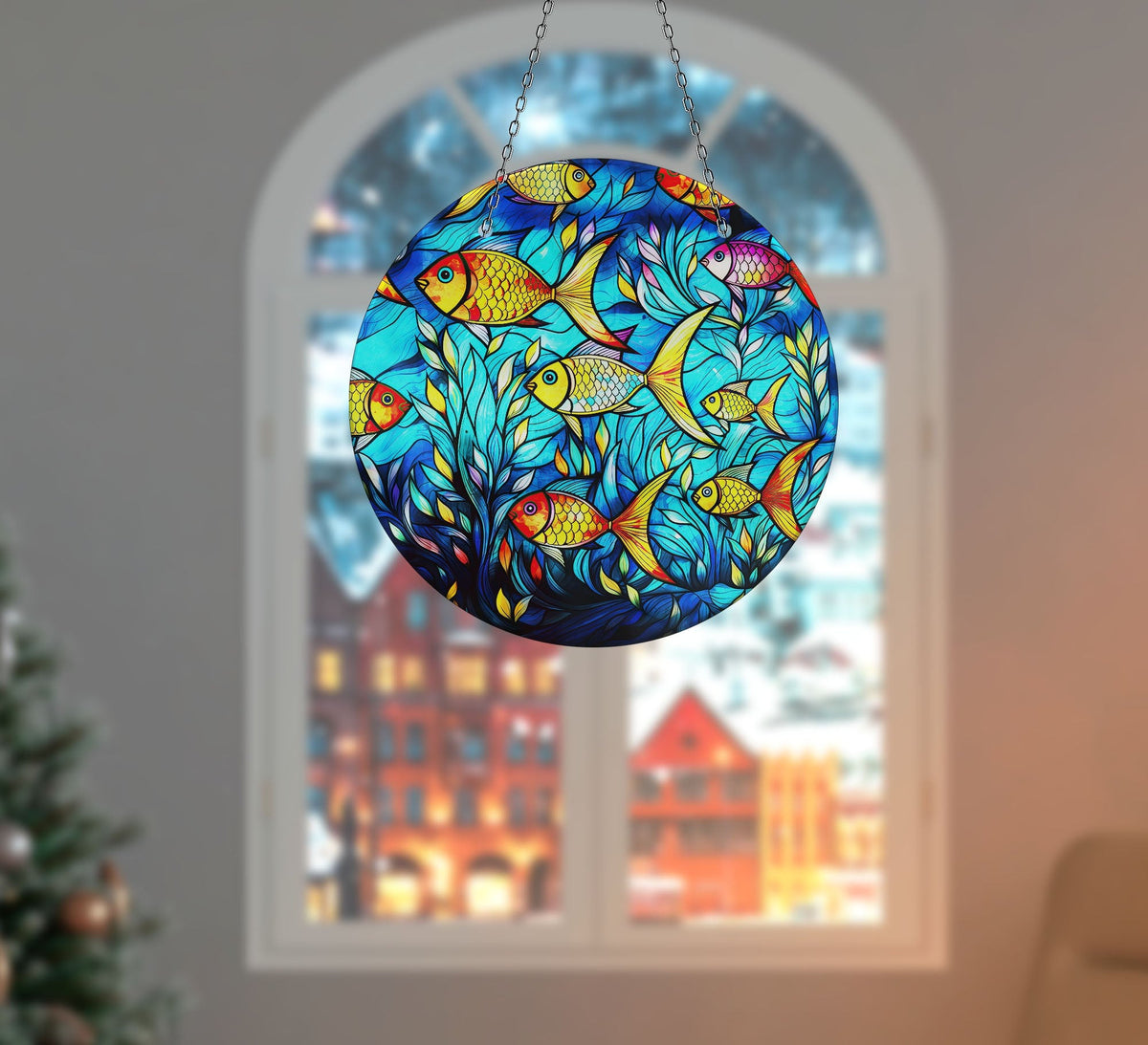 Yellow Fishes Faux Stained Glass Suncatcher Window Hanging Home Decor Sun Catcher Gift Idea Decor