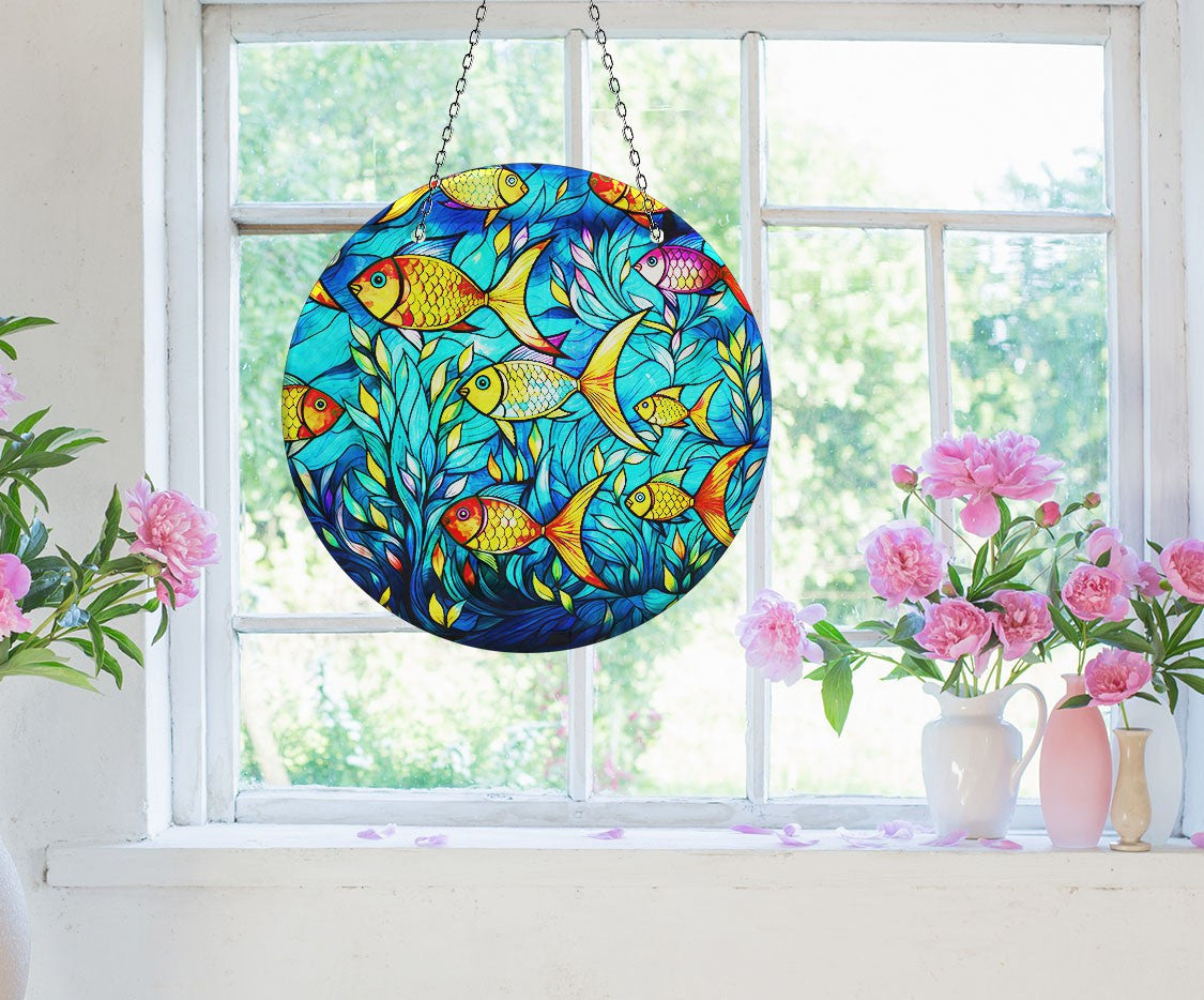 Yellow Fishes Faux Stained Glass Suncatcher Window Hanging Home Decor Sun Catcher Gift Idea Decor
