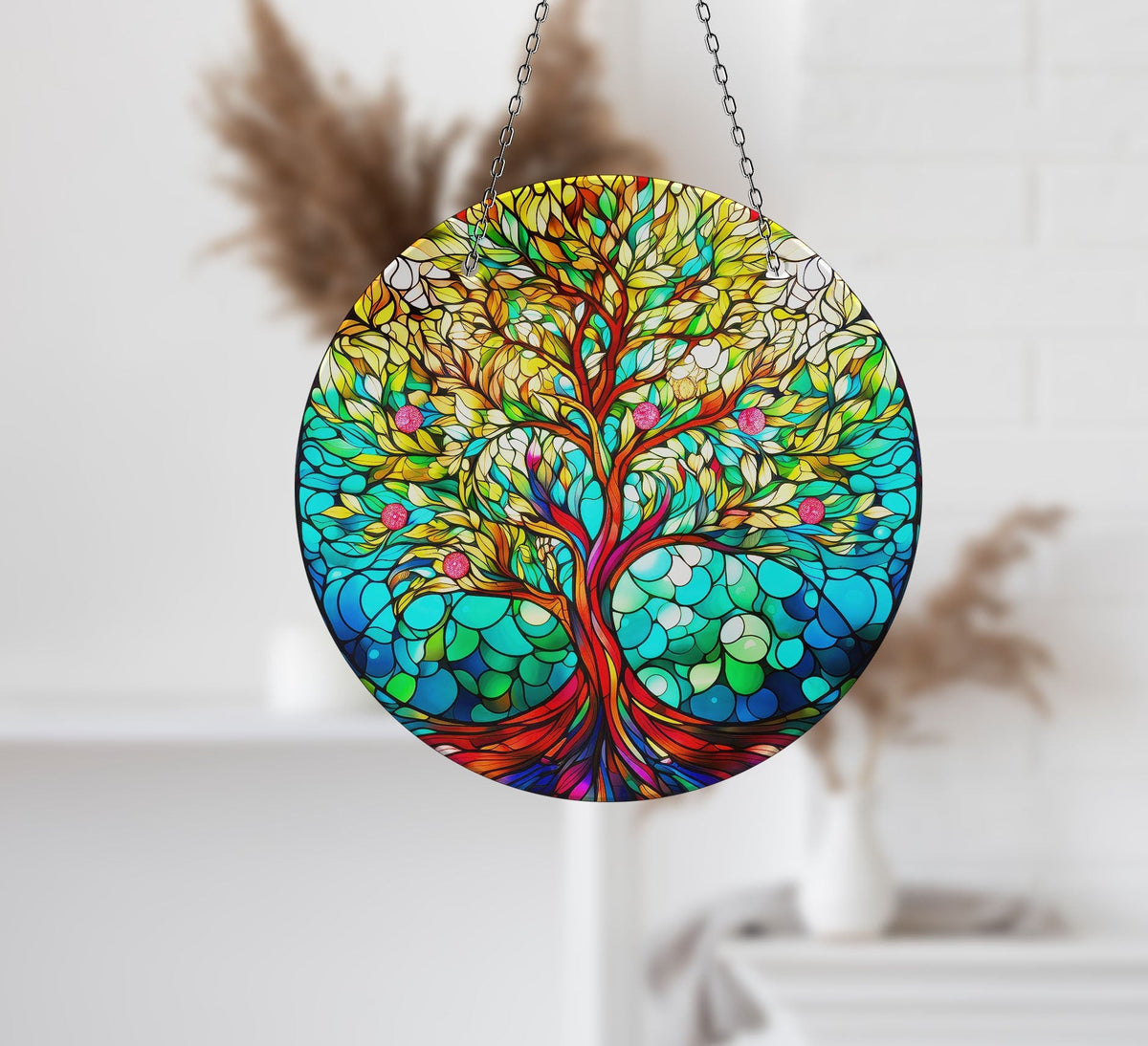Life of tree Green Faux Stained Glass Suncatcher Window Hanging Home Decor Sun Catcher Gift Idea