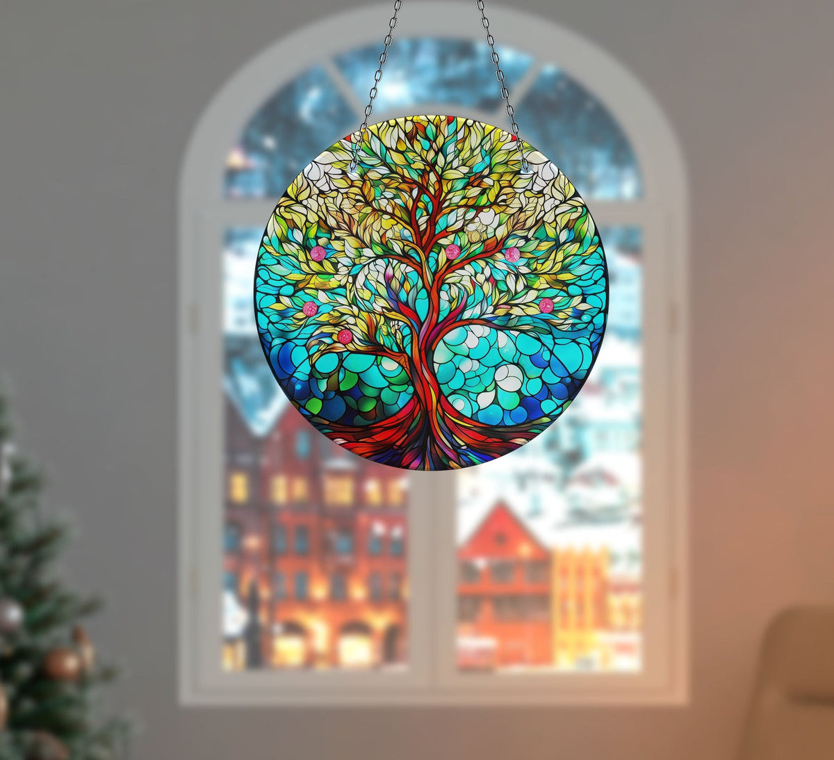 Life of tree Green Faux Stained Glass Suncatcher Window Hanging Home Decor Sun Catcher Gift Idea