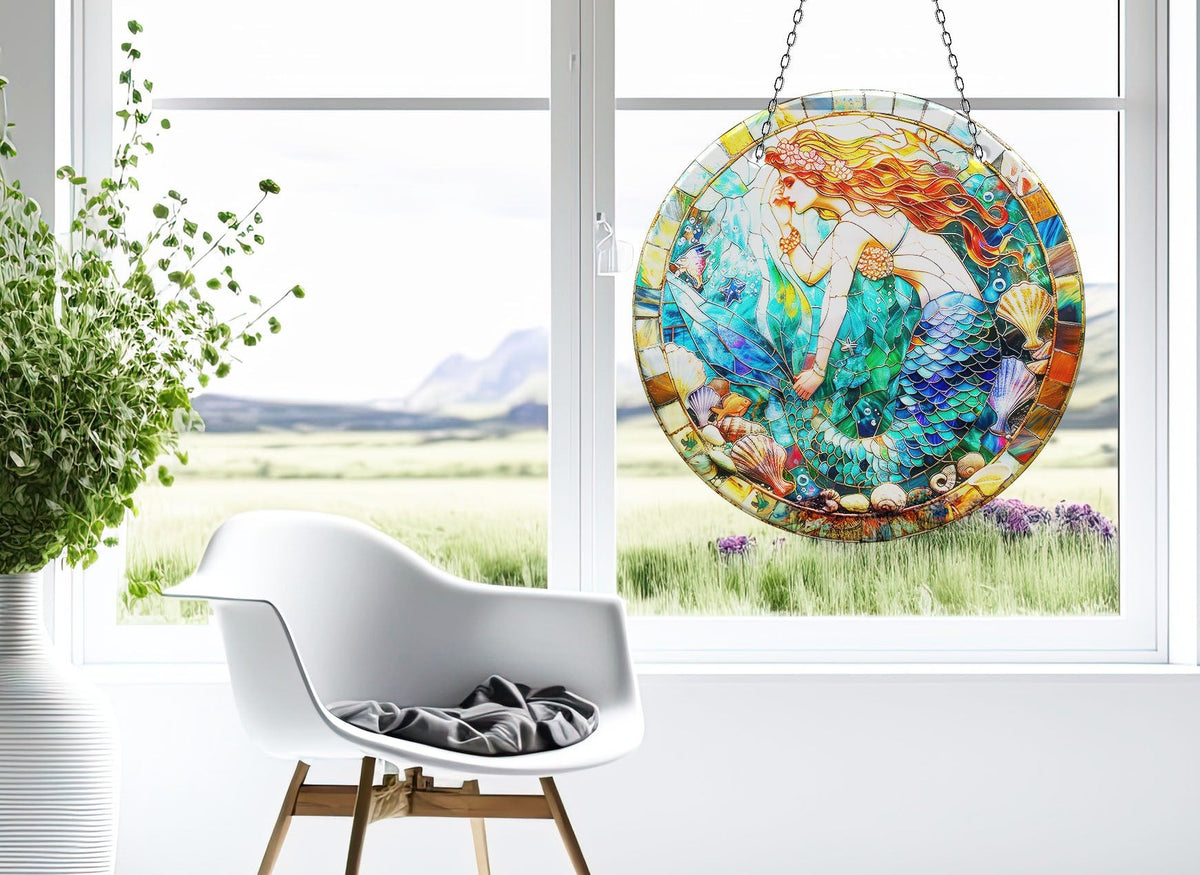 Mermaid Stained Faux Stained Glass Suncatcher Window Hanging Home Decor Sun Catcher Gift Idea