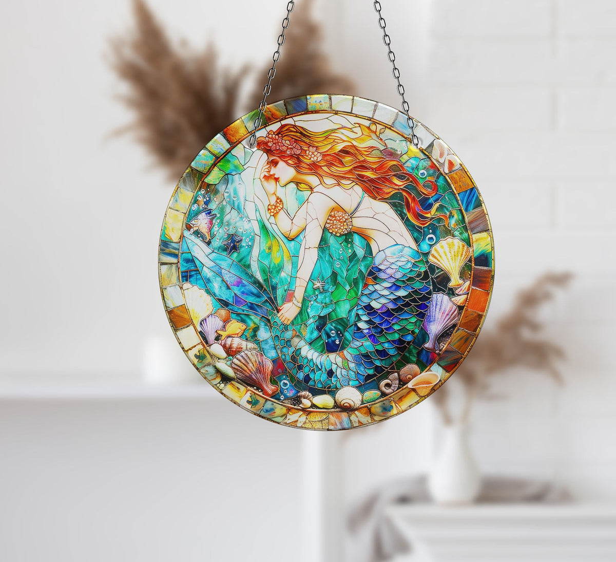 Mermaid Stained Faux Stained Glass Suncatcher Window Hanging Home Decor Sun Catcher Gift Idea