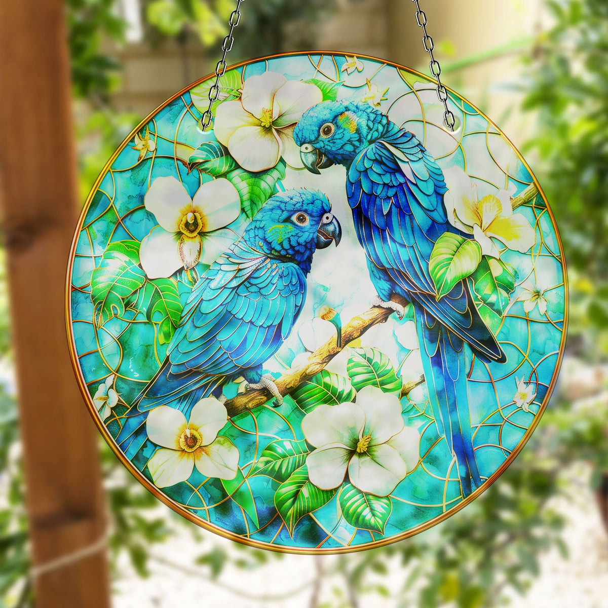 Blue Brids and Flowers Faux Stained Glass Suncatcher Window Hanging Home Decor Sun Catcher Gift Idea