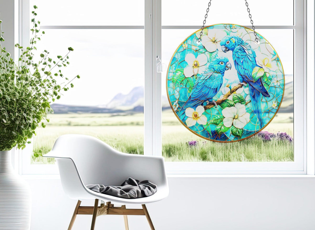 Blue Brids and Flowers Faux Stained Glass Suncatcher Window Hanging Home Decor Sun Catcher Gift Idea