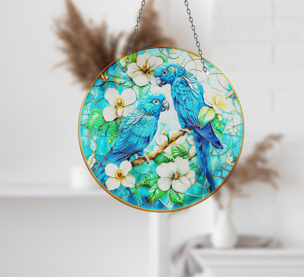 Blue Brids and Flowers Faux Stained Glass Suncatcher Window Hanging Home Decor Sun Catcher Gift Idea