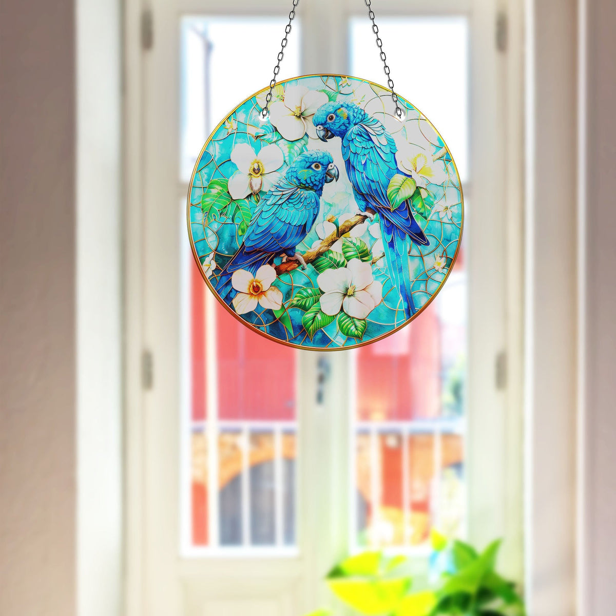 Blue Brids and Flowers Faux Stained Glass Suncatcher Window Hanging Home Decor Sun Catcher Gift Idea