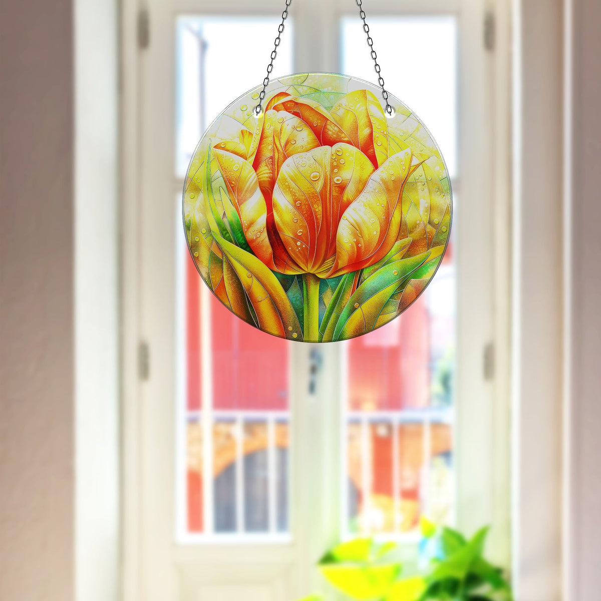 Orange Flower Faux Stained Glass Suncatcher Window Hanging Home Decor Sun Catcher Gift Idea Decor