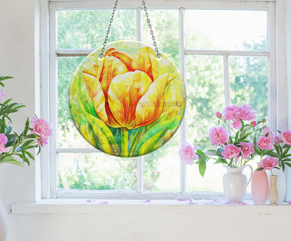 Orange Flower Faux Stained Glass Suncatcher Window Hanging Home Decor Sun Catcher Gift Idea Decor