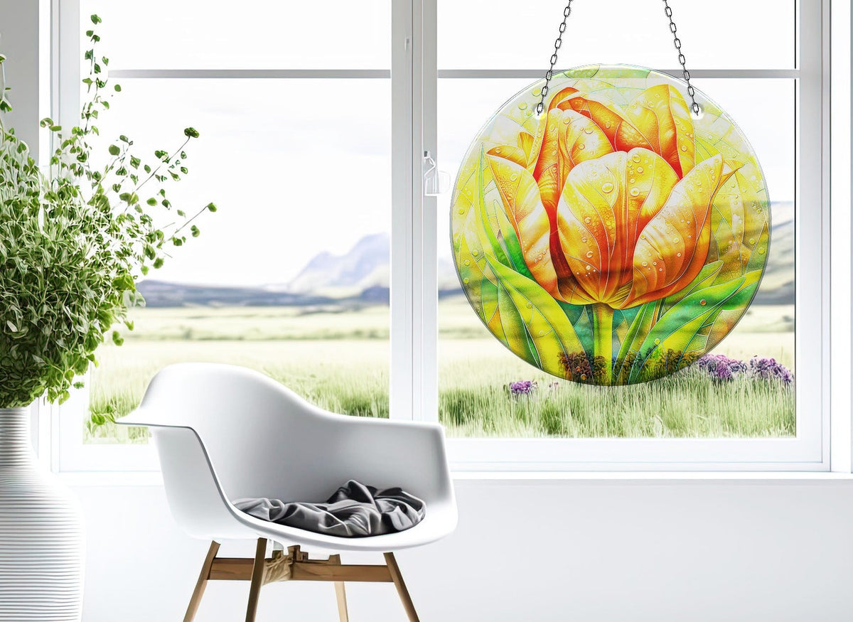 Orange Flower Faux Stained Glass Suncatcher Window Hanging Home Decor Sun Catcher Gift Idea Decor