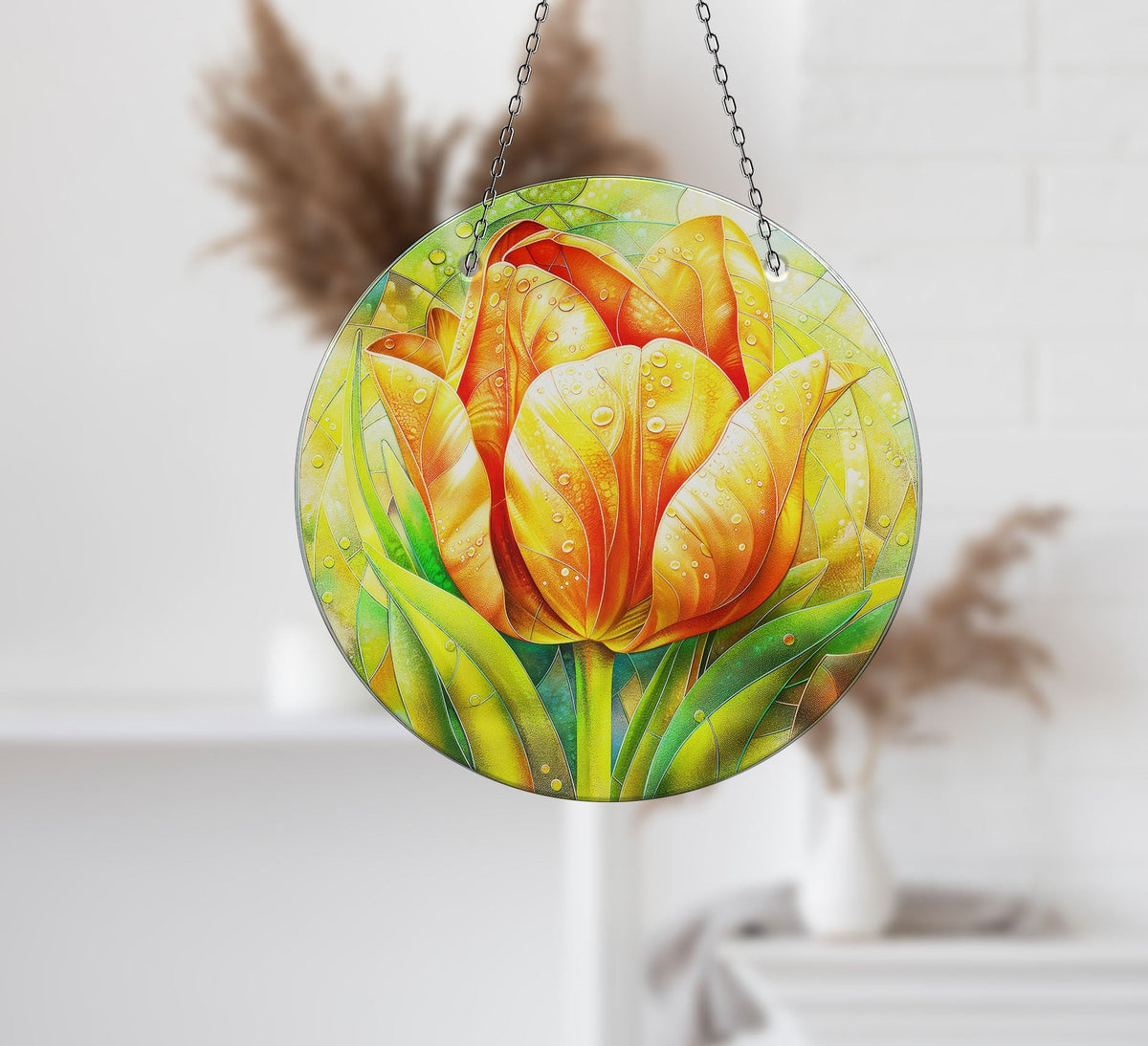 Orange Flower Faux Stained Glass Suncatcher Window Hanging Home Decor Sun Catcher Gift Idea Decor