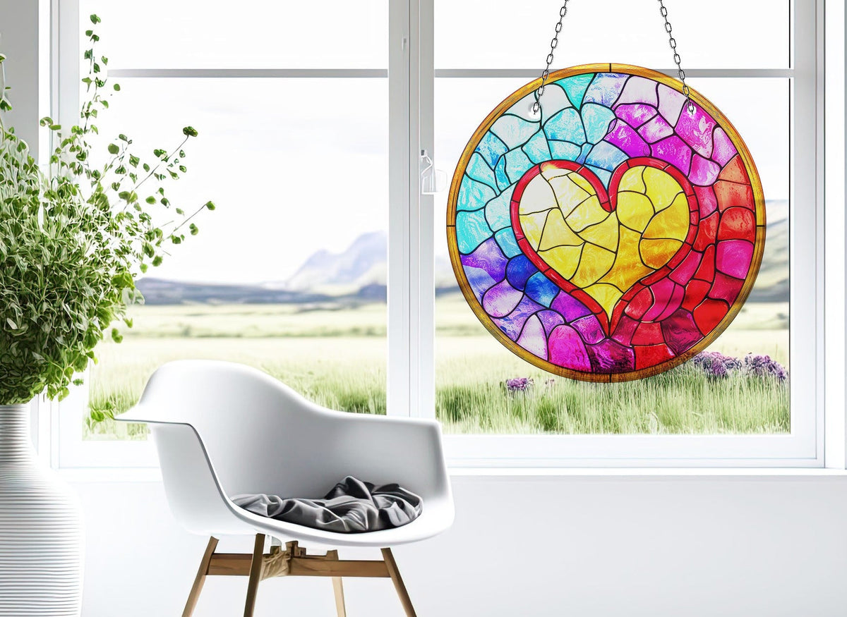 Colorful Heart Stained  Faux Stained Glass Suncatcher Window Hanging Home Decor Sun Catcher Gift Idea