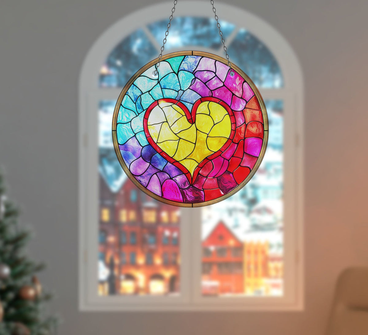 Colorful Heart Stained  Faux Stained Glass Suncatcher Window Hanging Home Decor Sun Catcher Gift Idea