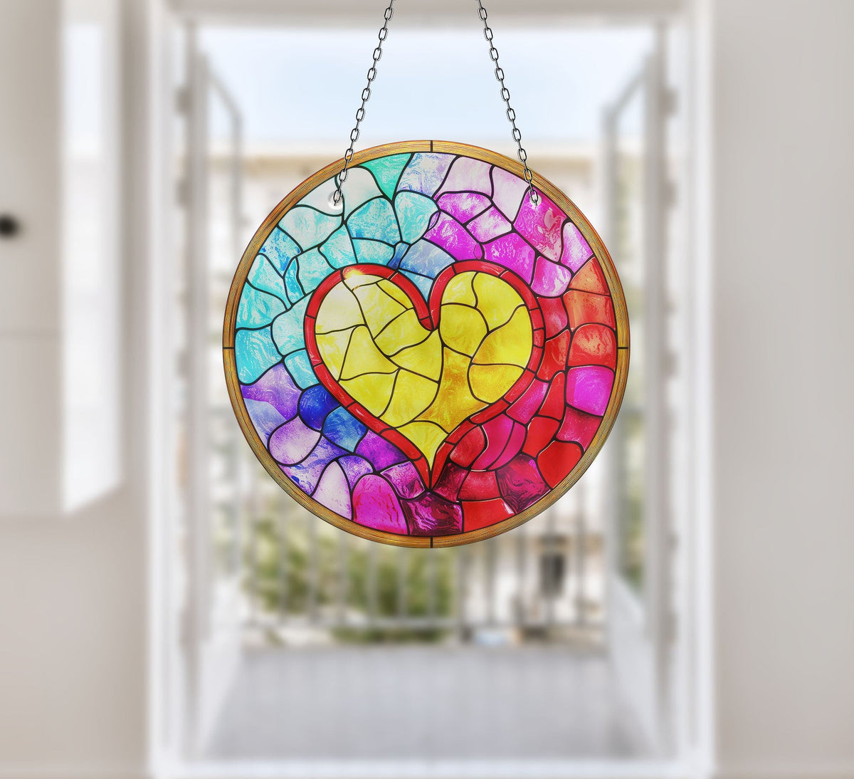 Colorful Heart Stained  Faux Stained Glass Suncatcher Window Hanging Home Decor Sun Catcher Gift Idea
