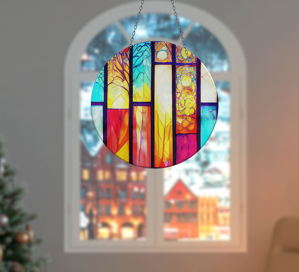 Stained Yellow & Red Faux Stained Glass Suncatcher Window Hanging Home Decor Sun Catcher Gift Idea