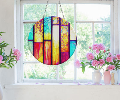 Stained Yellow & Red Faux Stained Glass Suncatcher Window Hanging Home Decor Sun Catcher Gift Idea
