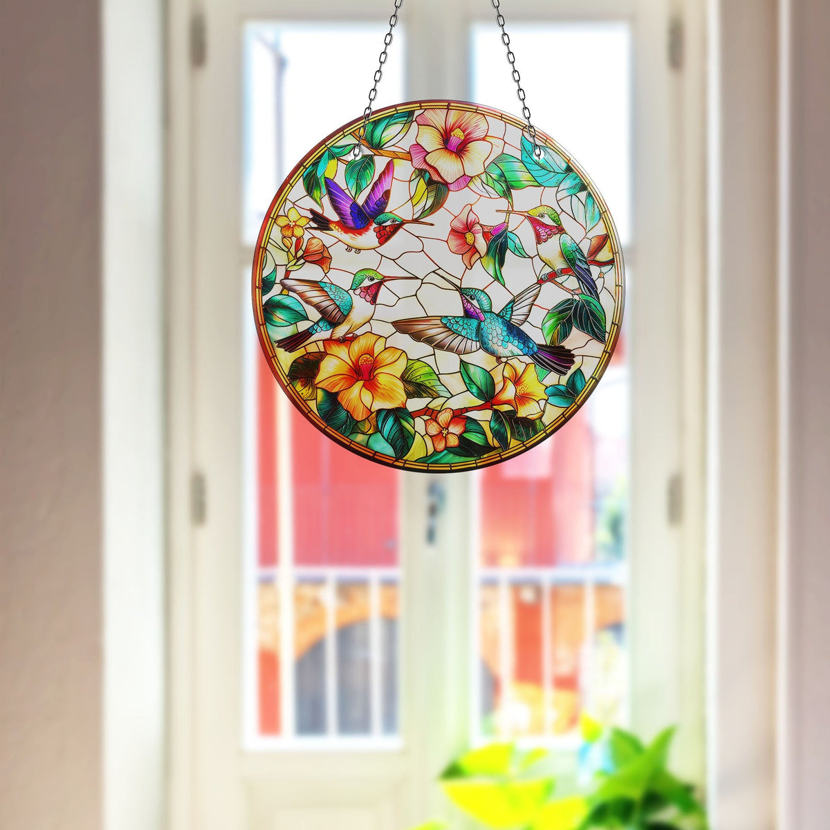 Stained Birds and Flowers Faux Stained Glass Suncatcher Window Hanging Home Decor Sun Catcher Gift Idea
