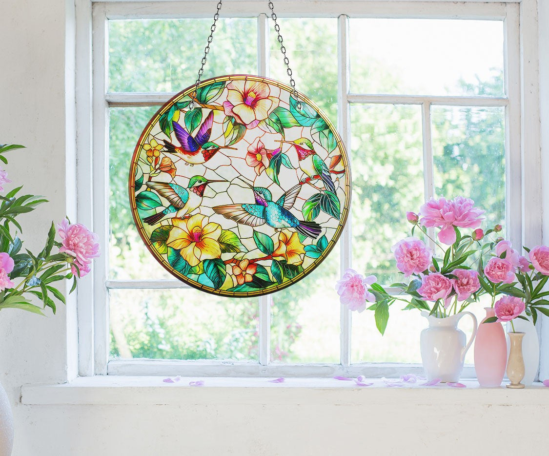Stained Birds and Flowers Faux Stained Glass Suncatcher Window Hanging Home Decor Sun Catcher Gift Idea