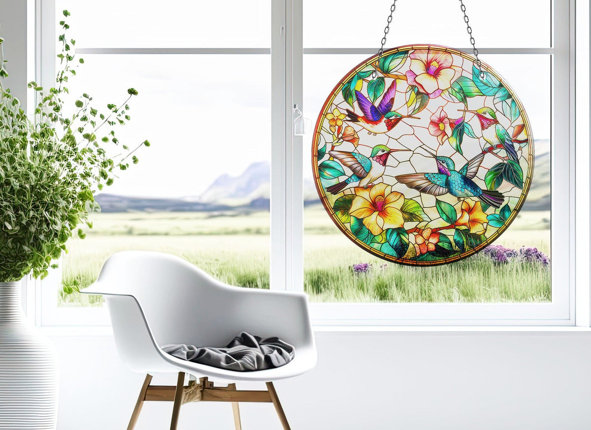 Stained Birds and Flowers Faux Stained Glass Suncatcher Window Hanging Home Decor Sun Catcher Gift Idea