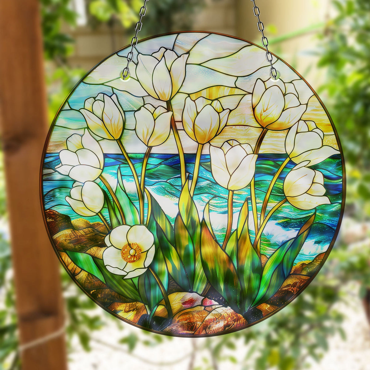 White Roses Faux Stained Glass Suncatcher Window Hanging Home Decor Sun Catcher Gift Idea
