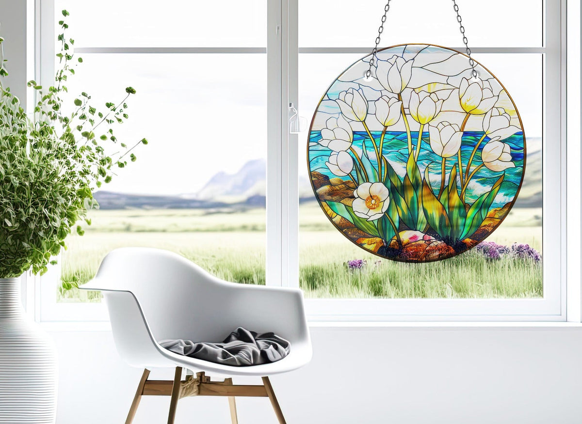 White Roses Faux Stained Glass Suncatcher Window Hanging Home Decor Sun Catcher Gift Idea
