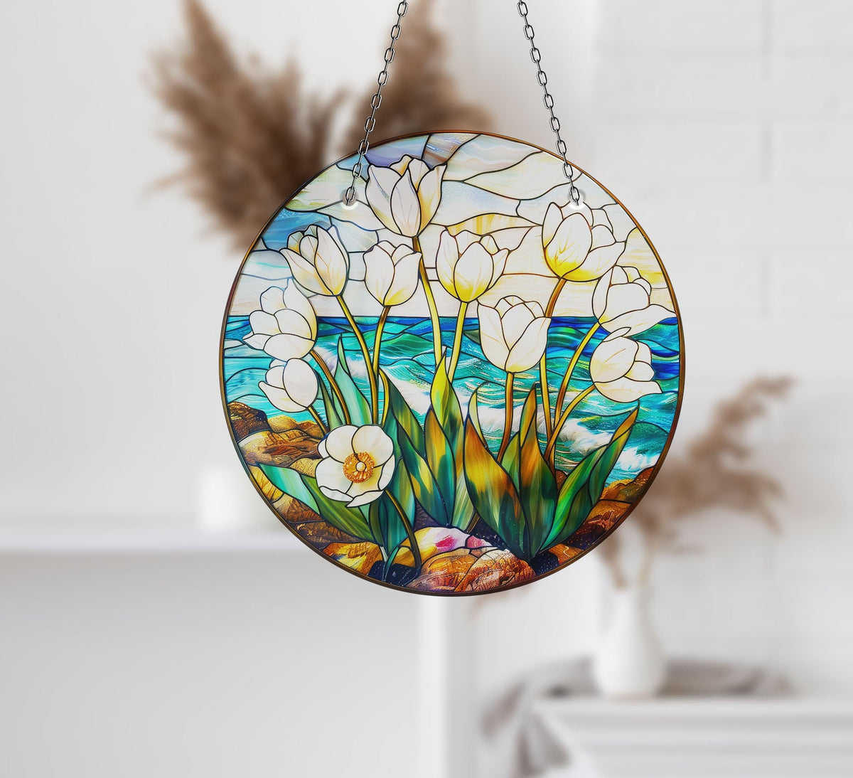 White Roses Faux Stained Glass Suncatcher Window Hanging Home Decor Sun Catcher Gift Idea