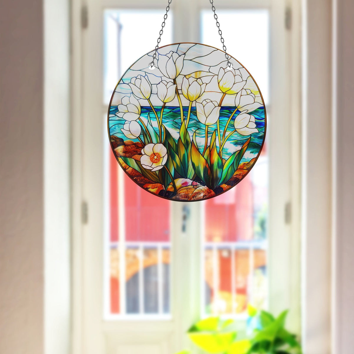 White Roses Faux Stained Glass Suncatcher Window Hanging Home Decor Sun Catcher Gift Idea