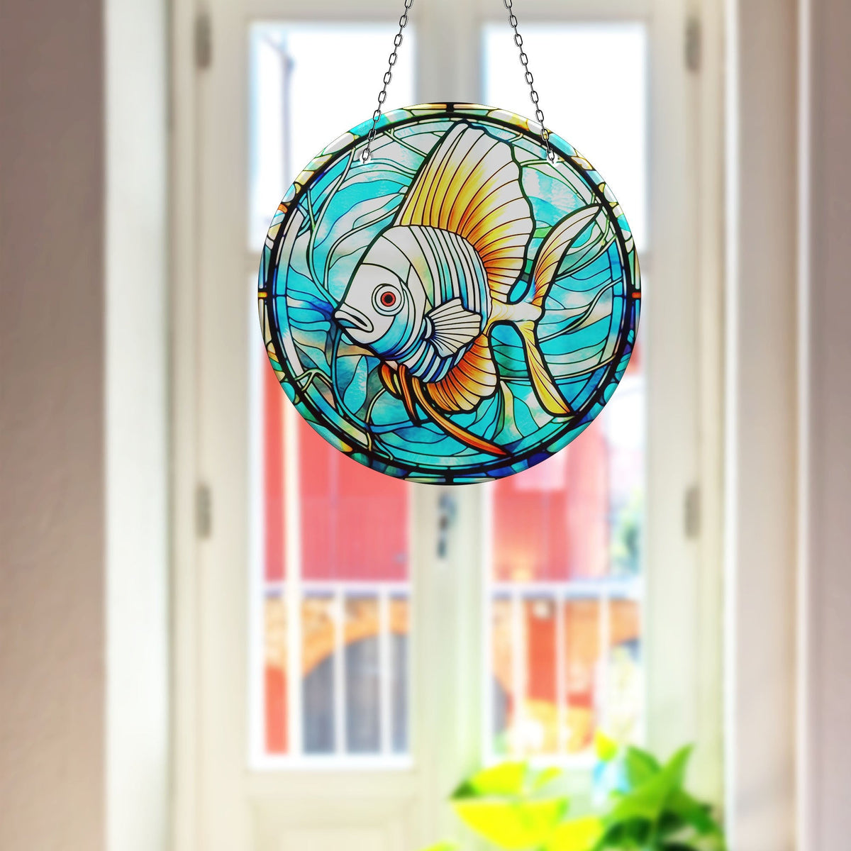 Blue Big Fish Faux Stained Glass Suncatcher Window Hanging Home Decor Sun Catcher Gift Idea