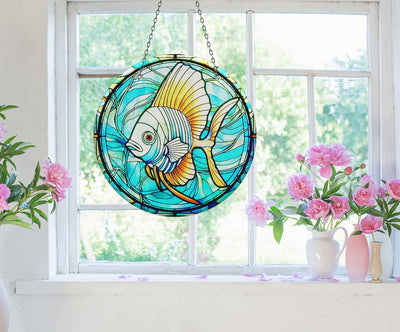 Blue Big Fish Faux Stained Glass Suncatcher Window Hanging Home Decor Sun Catcher Gift Idea