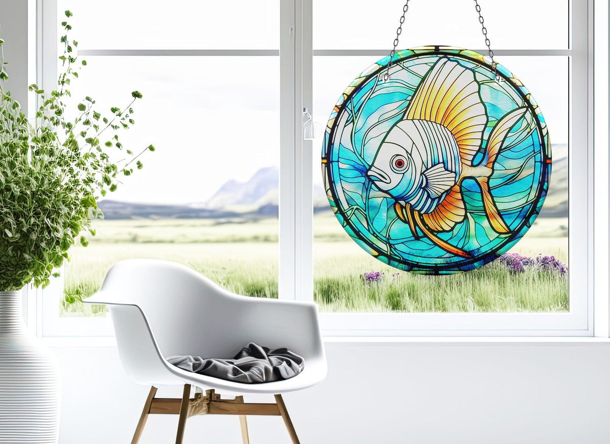 Blue Big Fish Faux Stained Glass Suncatcher Window Hanging Home Decor Sun Catcher Gift Idea