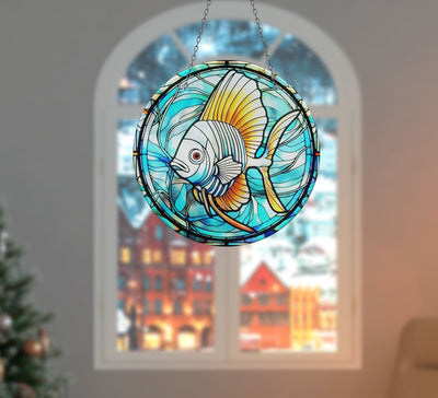 Blue Big Fish Faux Stained Glass Suncatcher Window Hanging Home Decor Sun Catcher Gift Idea