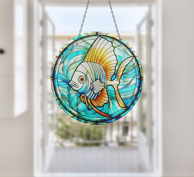 Blue Big Fish Faux Stained Glass Suncatcher Window Hanging Home Decor Sun Catcher Gift Idea