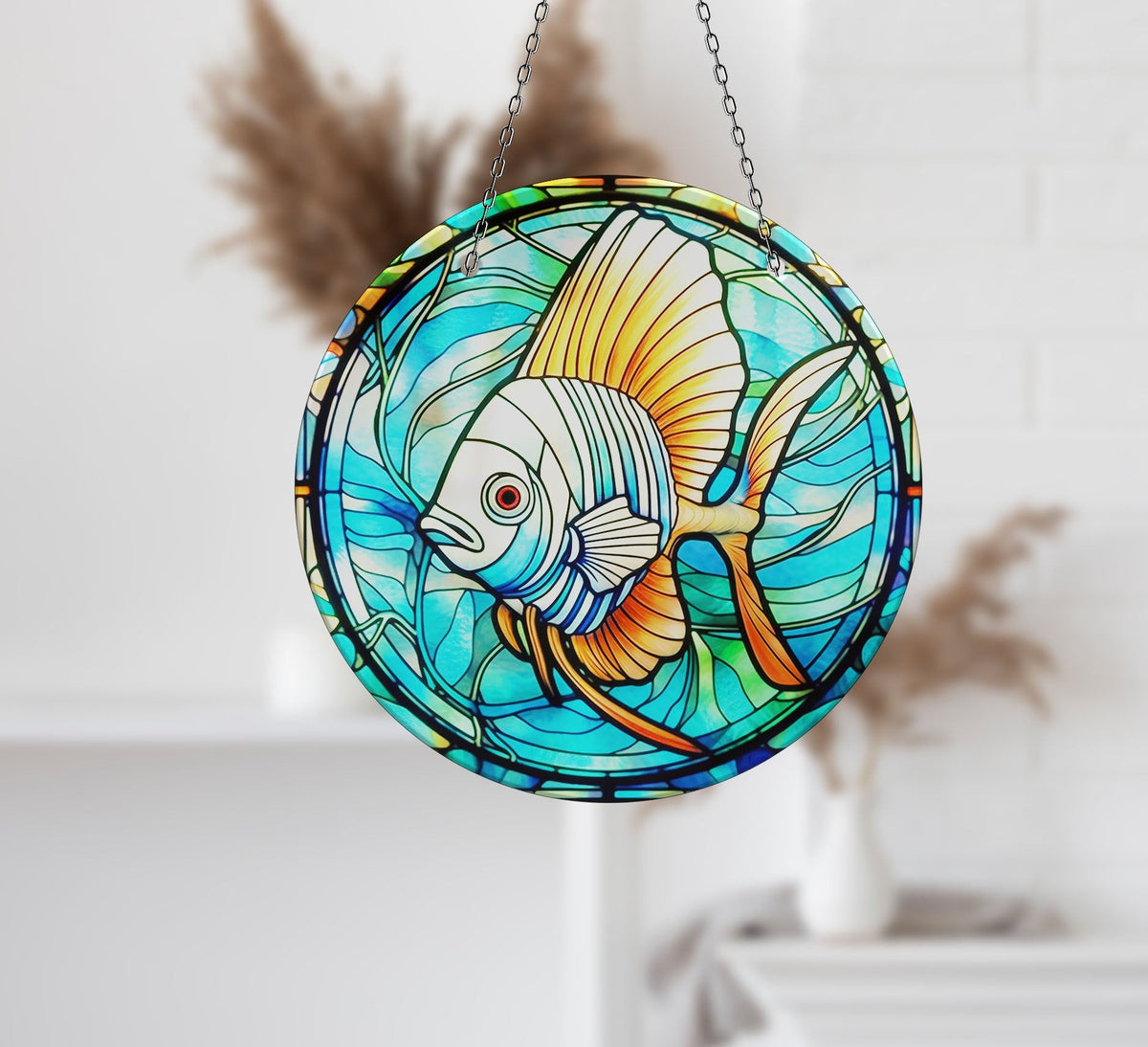 Blue Big Fish Faux Stained Glass Suncatcher Window Hanging Home Decor Sun Catcher Gift Idea