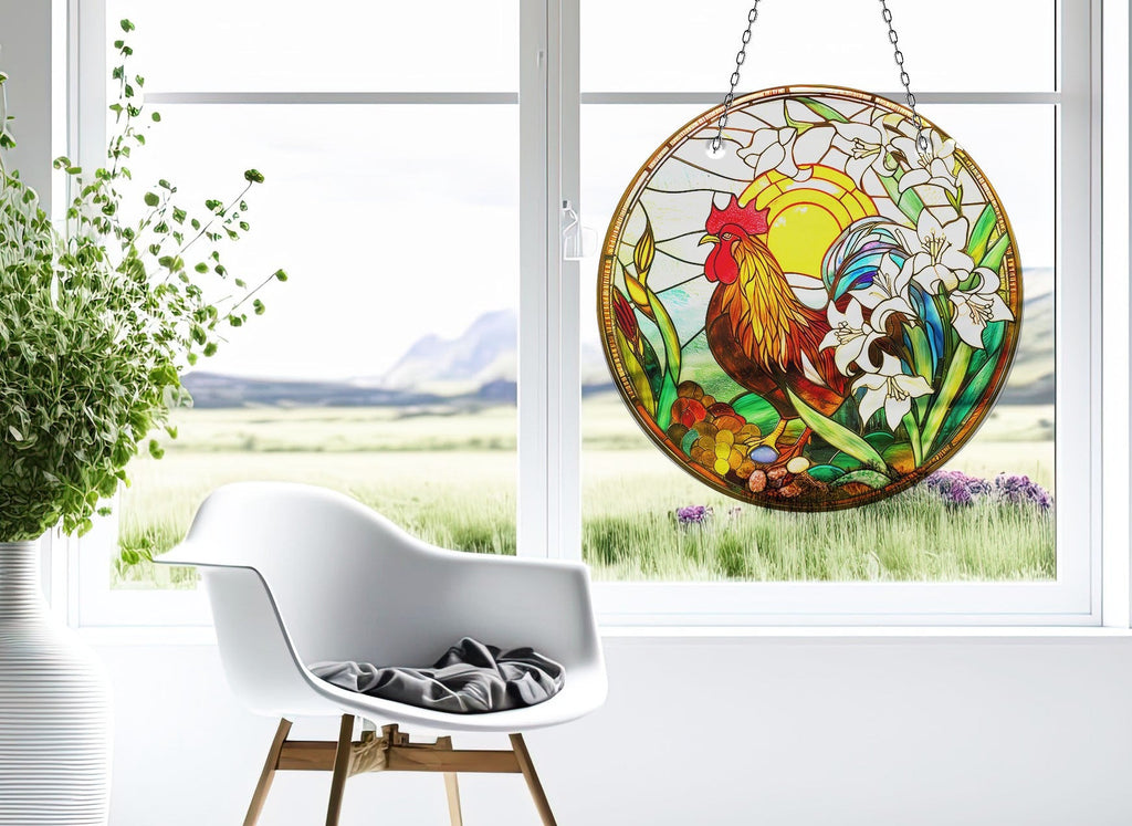 Colorful Rooster Stained  Faux Stained Glass Suncatcher Window Hanging Home Decor Sun Catcher Gift Idea