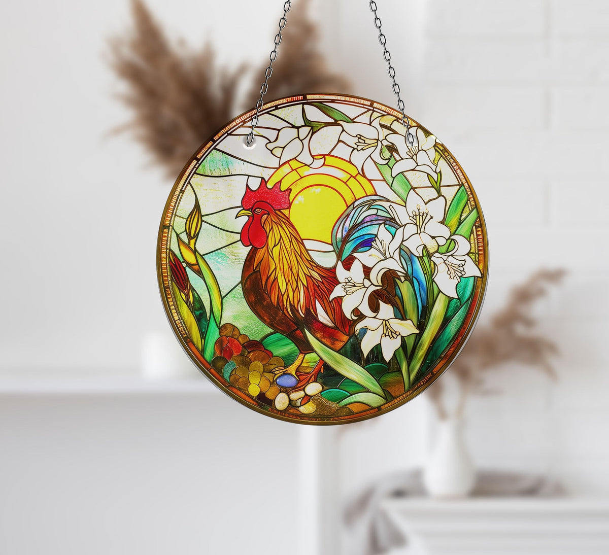 Colorful Rooster Stained  Faux Stained Glass Suncatcher Window Hanging Home Decor Sun Catcher Gift Idea