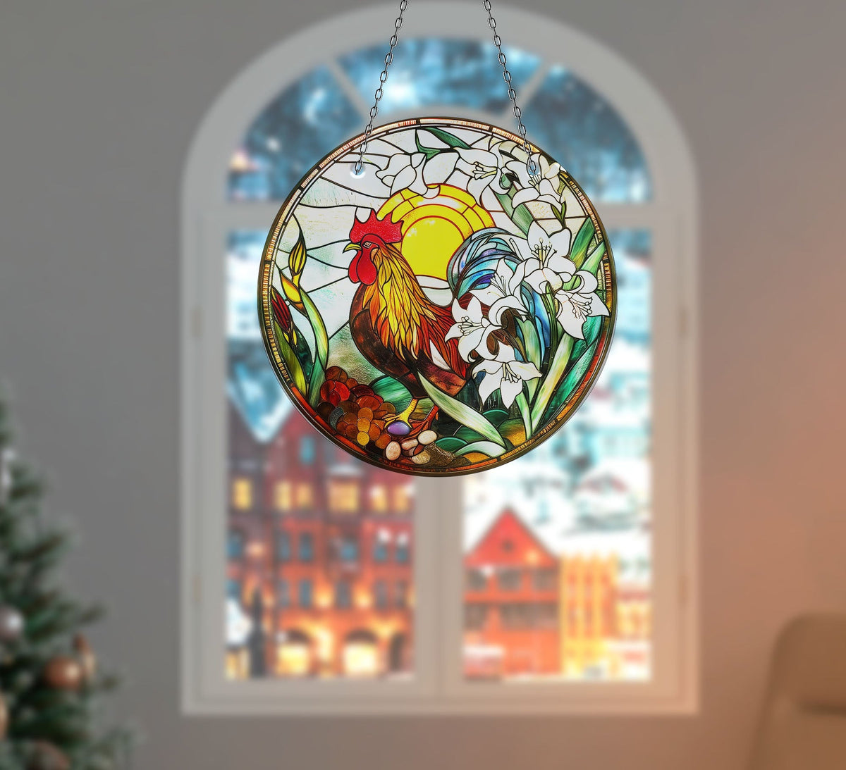 Colorful Rooster Stained  Faux Stained Glass Suncatcher Window Hanging Home Decor Sun Catcher Gift Idea
