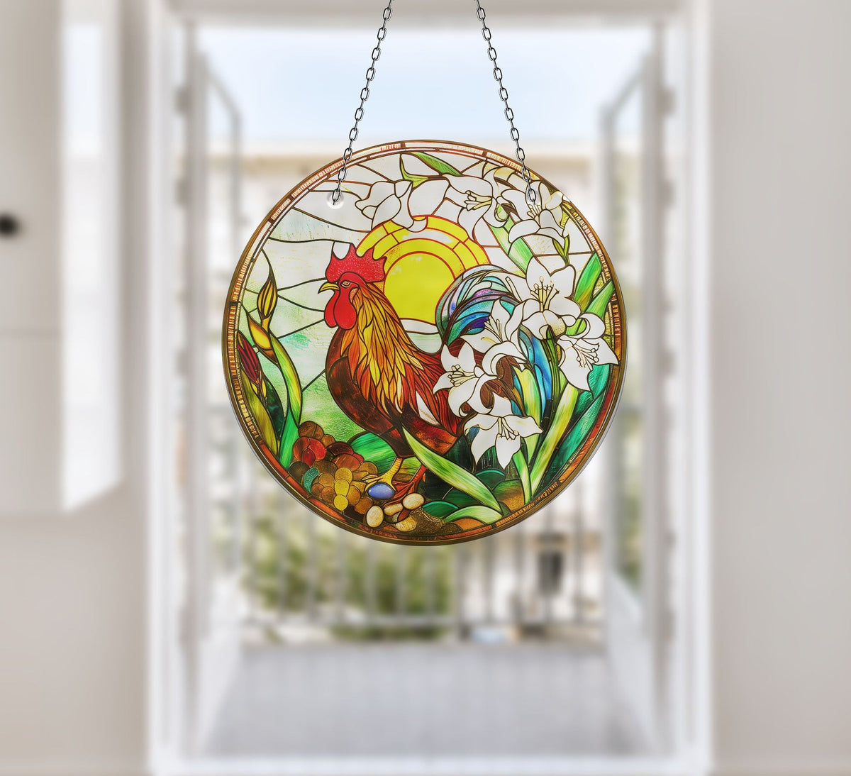 Colorful Rooster Stained  Faux Stained Glass Suncatcher Window Hanging Home Decor Sun Catcher Gift Idea