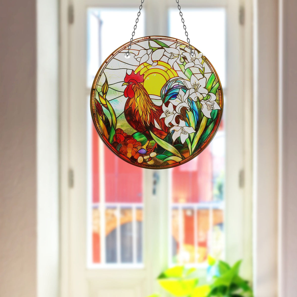 Colorful Rooster Stained  Faux Stained Glass Suncatcher Window Hanging Home Decor Sun Catcher Gift Idea