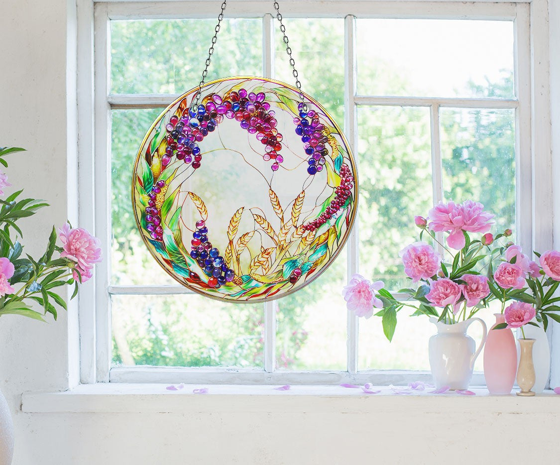 Colorful Grapes Stained  Faux Stained Glass Suncatcher Window Hanging Home Decor Sun Catcher Gift Idea