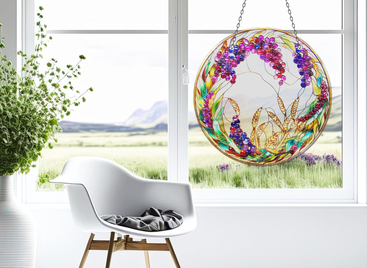 Colorful Grapes Stained  Faux Stained Glass Suncatcher Window Hanging Home Decor Sun Catcher Gift Idea
