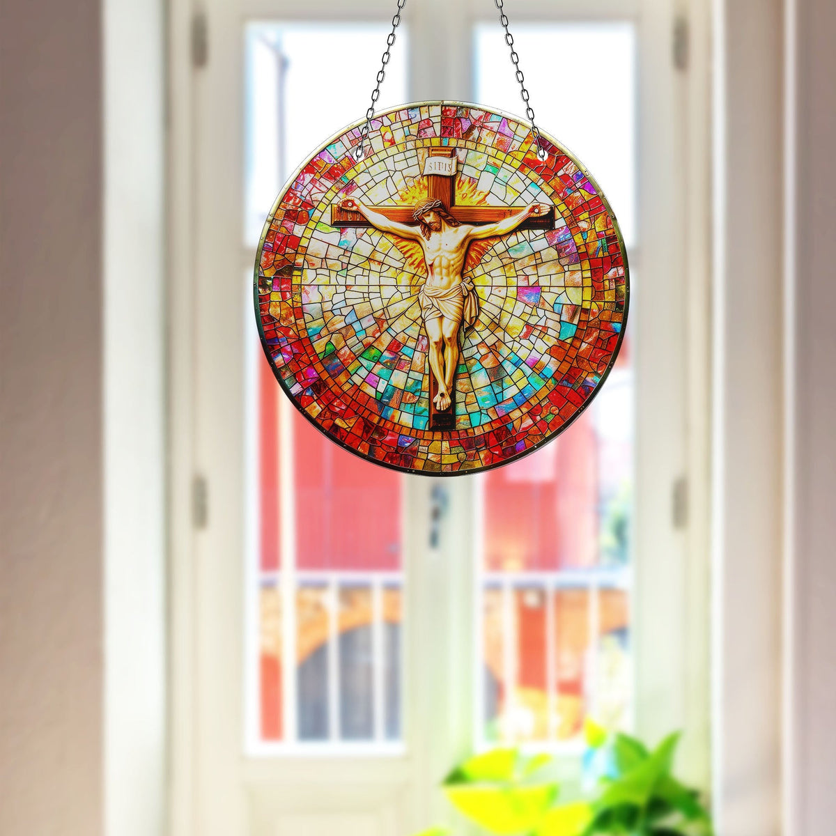 Religious Christ Mosaic Faux Stained Glass Suncatcher Window Hanging Home Decor Sun Catcher Gift Idea