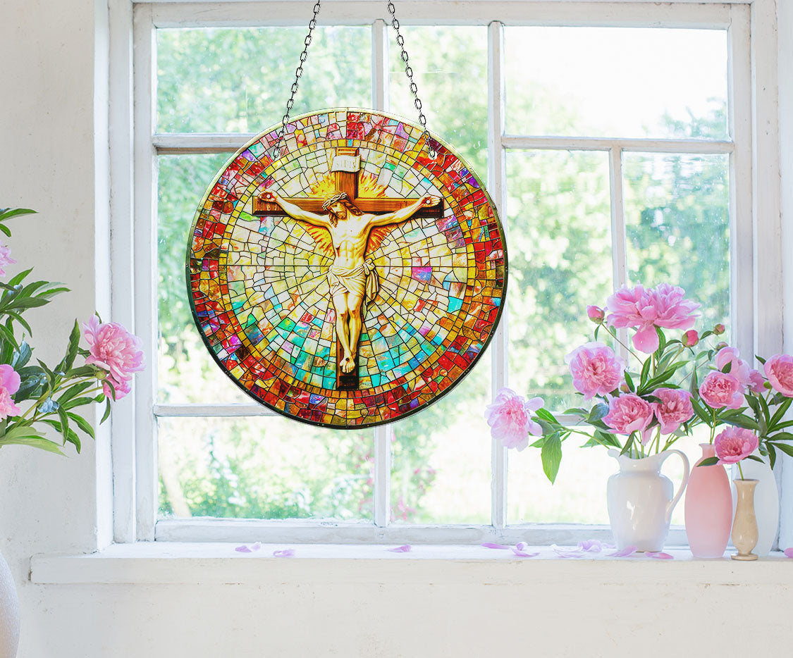 Religious Christ Mosaic Faux Stained Glass Suncatcher Window Hanging Home Decor Sun Catcher Gift Idea