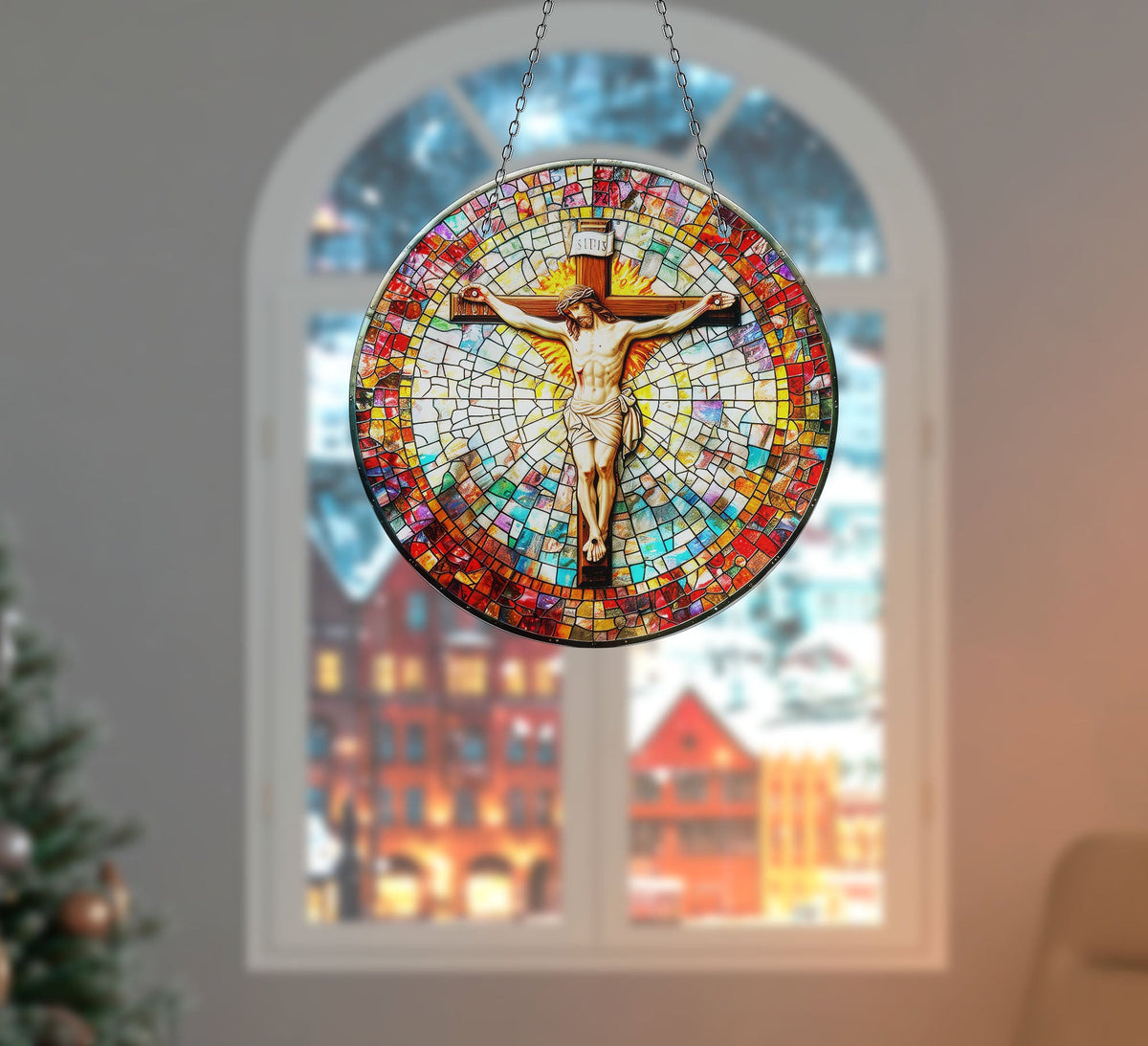 Religious Christ Mosaic Faux Stained Glass Suncatcher Window Hanging Home Decor Sun Catcher Gift Idea
